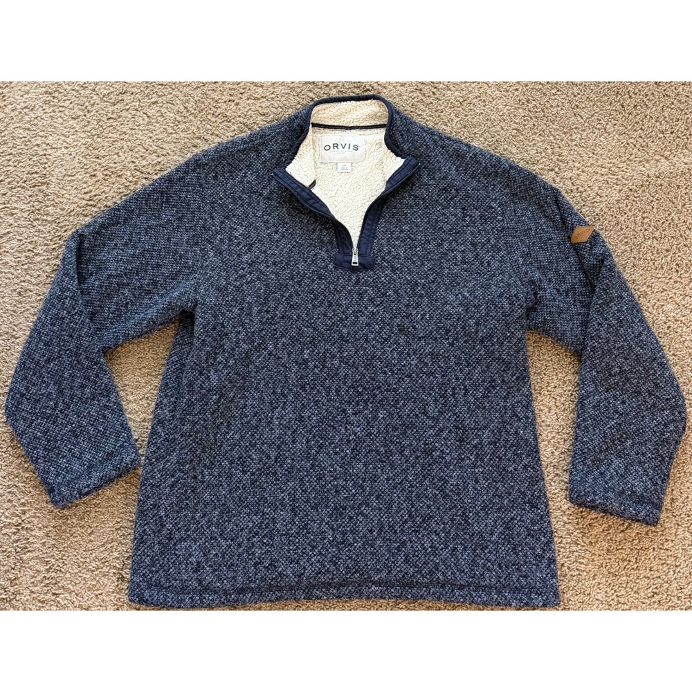 Orvis Mens Navy Blue Sherpa Lined Quarter Zip Pullover Sweater Large